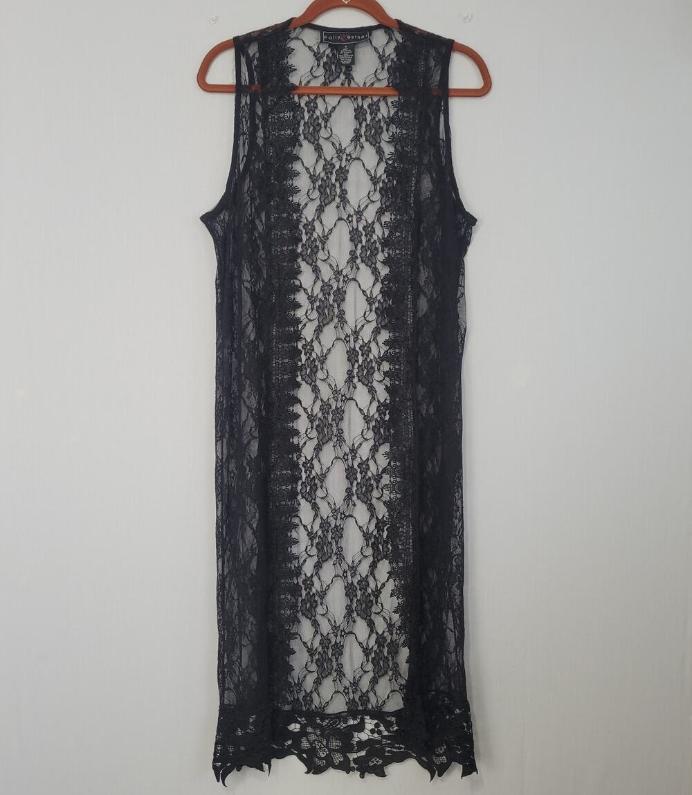 Vintage Y2K Sheer Black Floral Lace Longline Open Front Vest size S Whimsigoth
